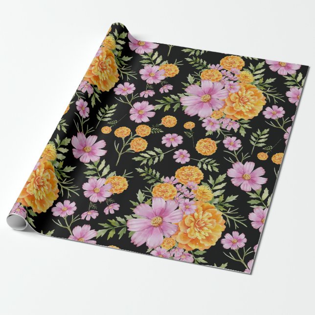 Papel De Regalo Octubre Mes de Nacimiento Flores Marigold Cosmos (Desenrollado)