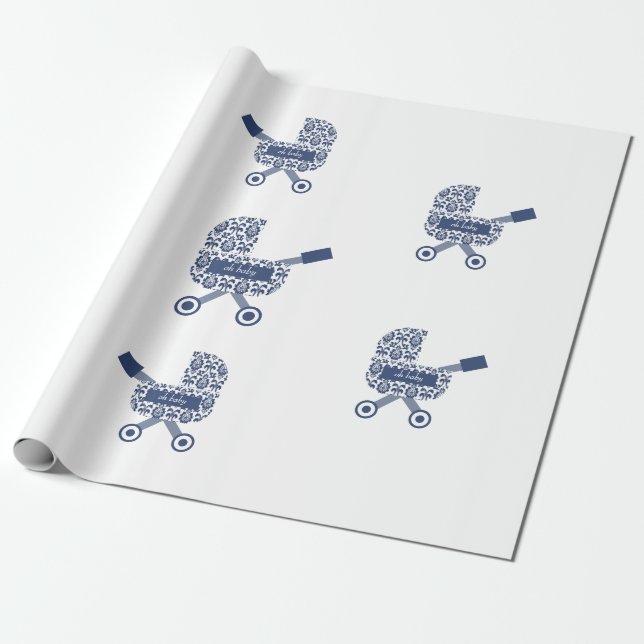 Papel De Regalo Oh Baby Navy Pram Baby Shower (Desenrollado)