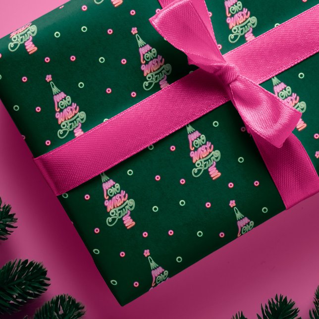 Papel De Regalo Oh Qué Divertido Neón Verde Rosa Ilumina Árbol De  (Oh What Fun Pink Green Neon Lights Christmas Tree Wrapping Paper)