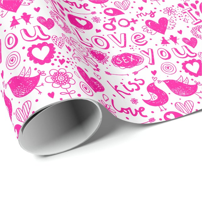 Papel De Regalo Oídos rosas y blancos, pájaros, cupidos, besar amo (Esquina del rollo)