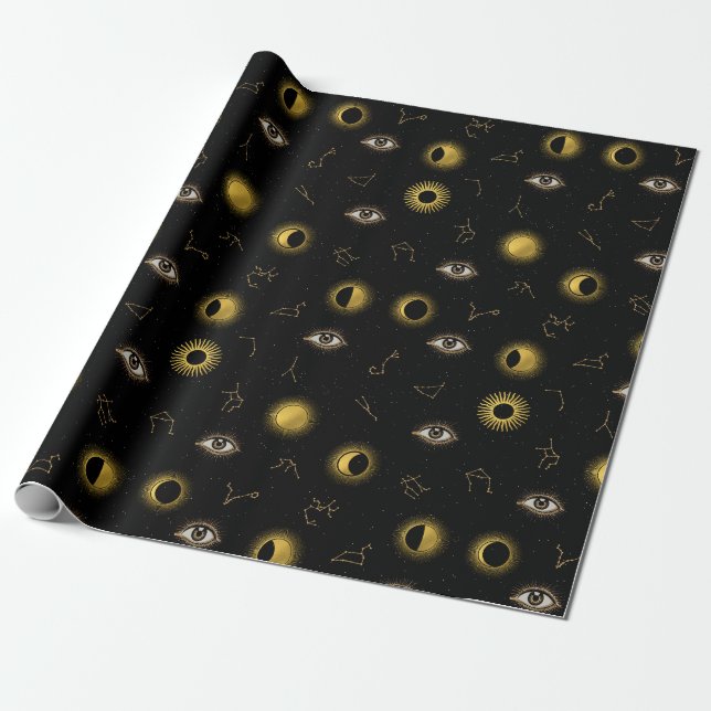 Papel De Regalo Ojo Celestial Negro Oro y Ojo Zodiaco Luna (Desenrollado)