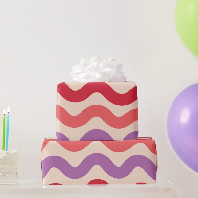 Papel De Regalo Olas abstractas retro Patrón rojo púrpura rosa (Regalos de fiesta)