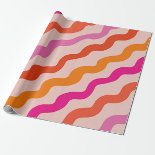Papel De Regalo Olas abstractas retro rayadas de Naranja rojo rosa
