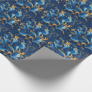 Papel De Regalo Olas Reales de Capricho Remolinos de Azul y Dorado