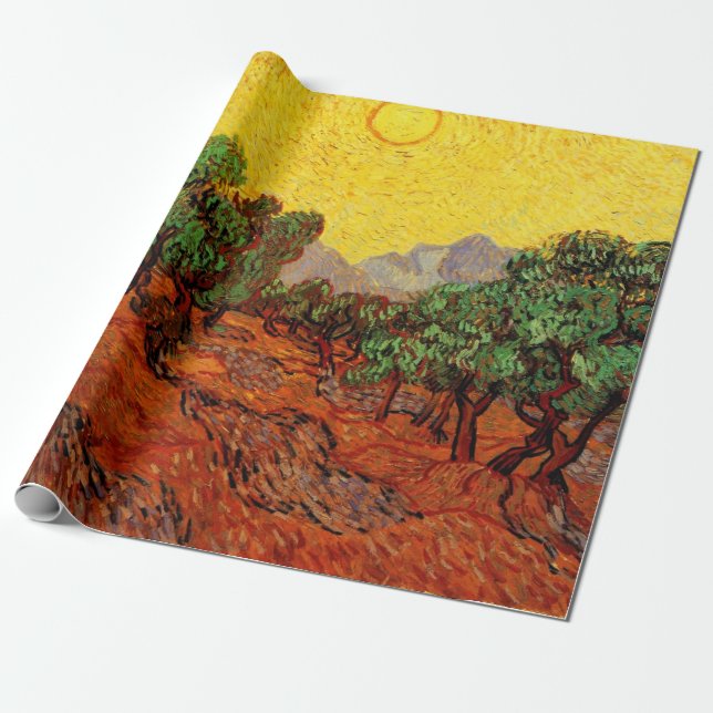 Papel De Regalo Olivos Van Gogh con cielo y sol amarillos (Desenrollado)