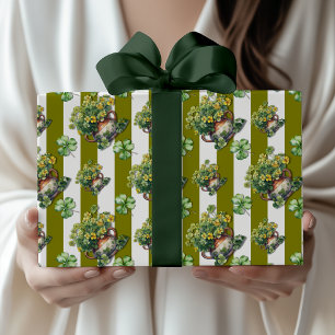 Papel De Regalo Olla de trébol a rayas vintage verde oliva