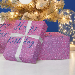 Papel De Regalo Ombre azul rosado Rosa Purpurinoso Feliz cumpleañ