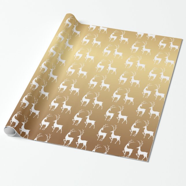 Papel De Regalo Ombre Oro y Navidades blancos ciervos feriados (Desenrollado)