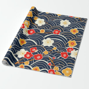 Papel De Regalo Onda Japonesa de Ciruela Floral Patrón en Azul Mar