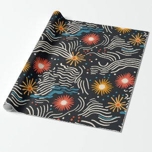 Papel De Regalo Ondas florales vibrantes abstractas en negro