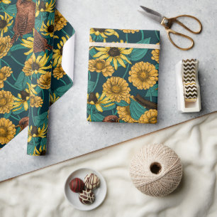 Papel De Regalo Ondas y flores en azul oscuro