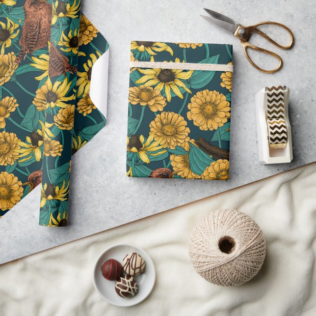 Papel De Regalo Ondas y flores en azul oscuro (Artesanía)