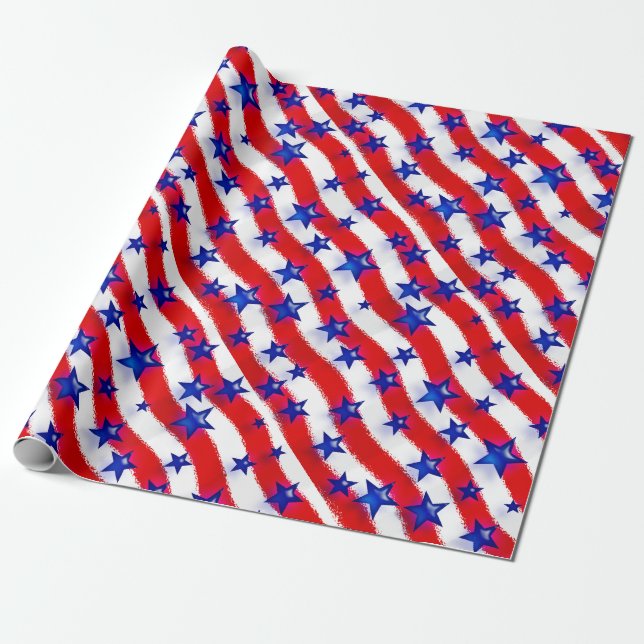 Papel De Regalo Onduladas Estrellas Azules Patrióticas sobre franj (Desenrollado)
