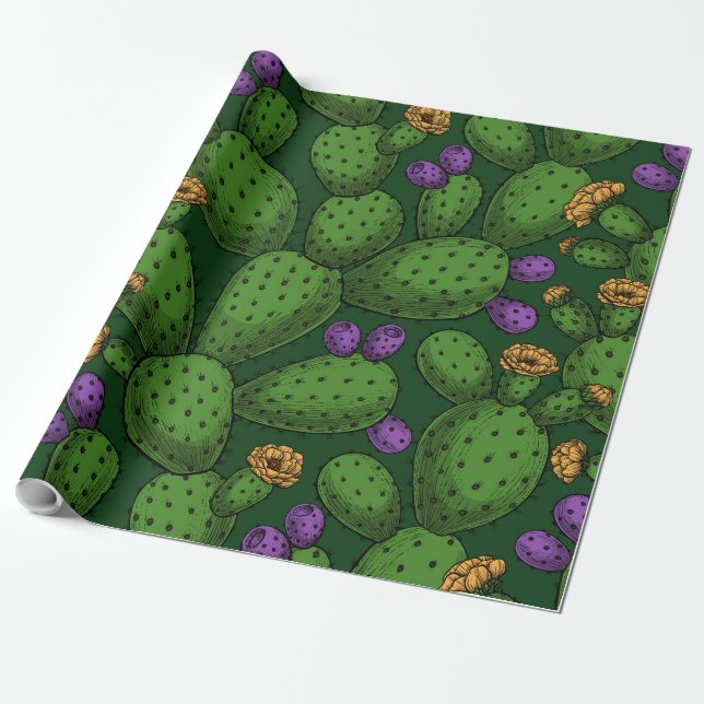 Papel De Regalo Opuntia florida sobre verde oscuro (Desenrollado)