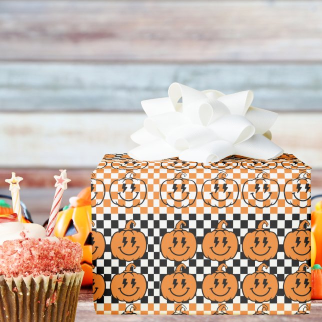 Papel De Regalo Orange Black Retro Rad Pumpkin Checkered Halloween (Subido por el creador)