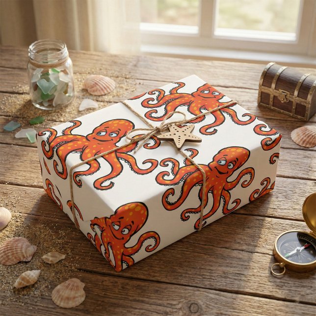 Papel De Regalo Orange Octopus Cartoon Ocean Sea Creature (Subido por el creador)