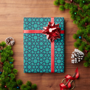 Papel De Regalo Oriental Azul Verde Geométrico Morisco Arabesco