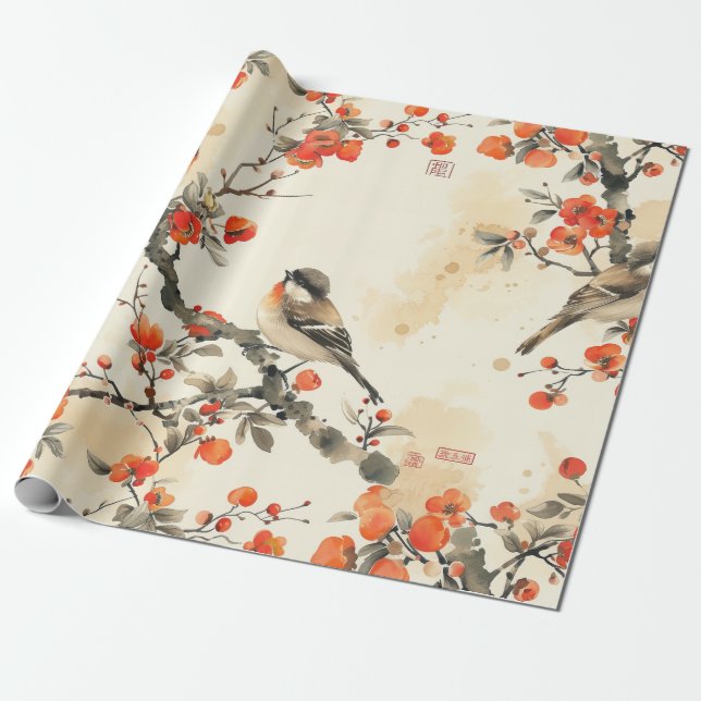 Papel De Regalo Oriental Songbirds and Blossom - Traditional Asian (Desenrollado)