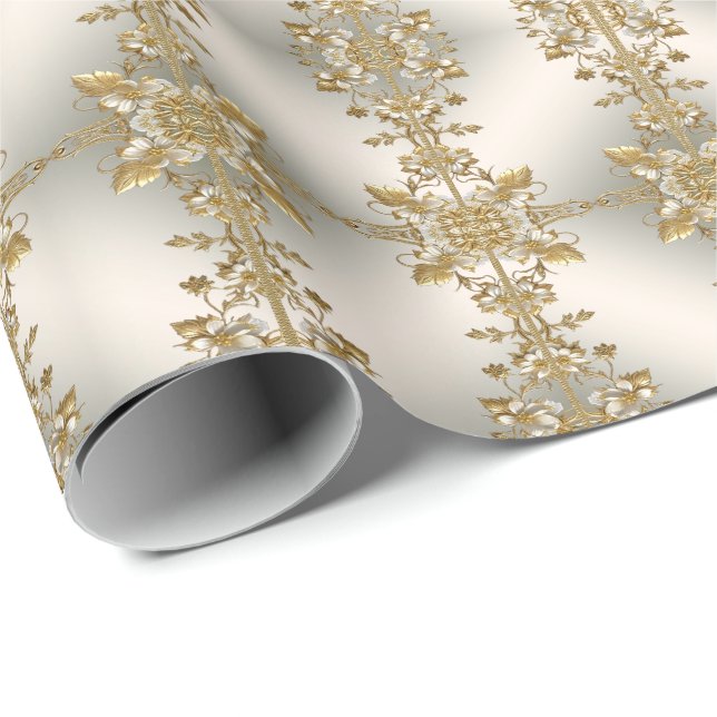 Papel de regalo ornamentado floral blanco dorado (Esquina del rollo)