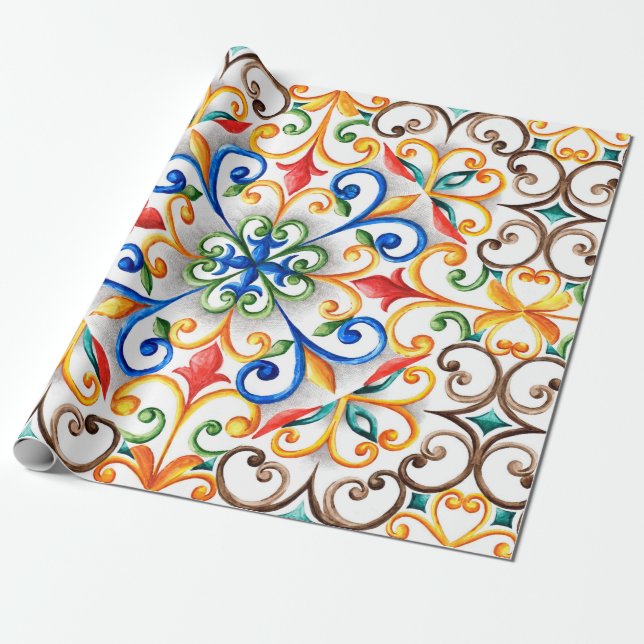 Papel De Regalo Ornamento acuarela de mayólica (Desenrollado)