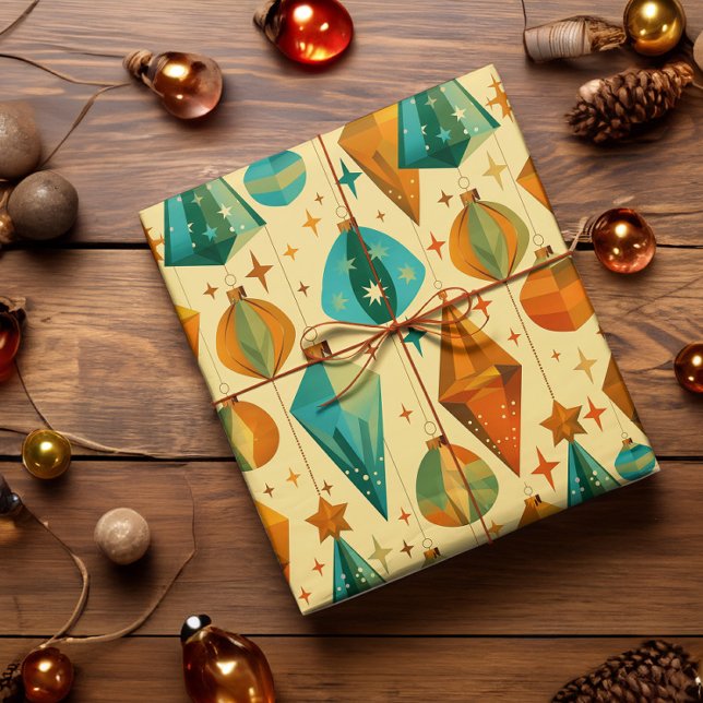 Papel De Regalo Ornamento atómico de los Navidades retro modernos  (Mid century modern retro christmas wrapping paper in vintage gold, copper, and teal)