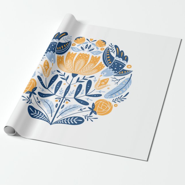 Papel De Regalo Ornamento de arte popular con aves, rosas y flowe (Desenrollado)