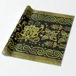 Papel De Regalo Ornamento de mariposas celtas - Verde y oro