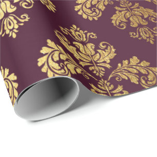 Papel De Regalo Ornamento floral Royal Damask de oro Borgoña Barro