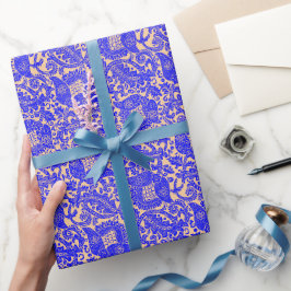 Papel De Regalo Ornamento floral único medieval de Naranja azul