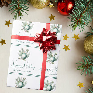 Papel De Regalo Ornamento navideño verde acuarela Felices Fiestas