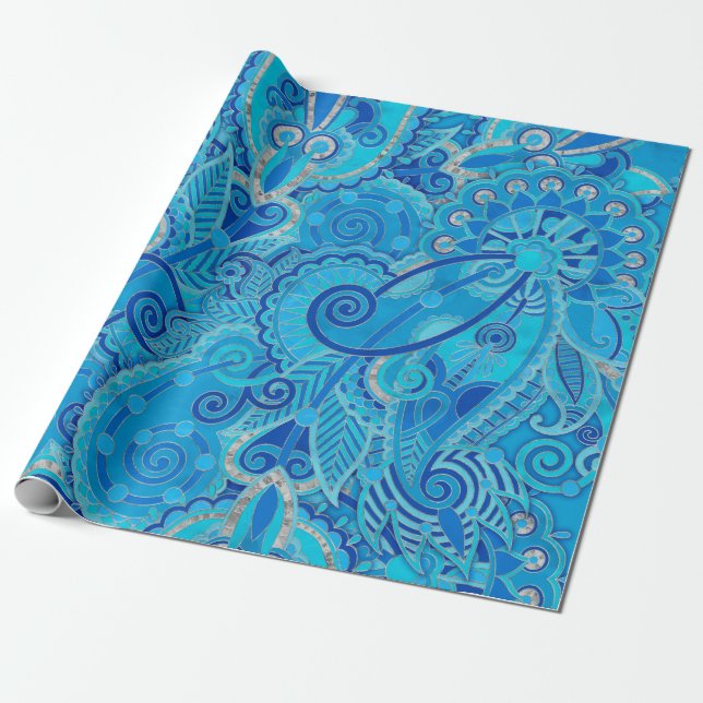 Papel De Regalo Ornamento Paisley - Azul cielo y plata (Desenrollado)