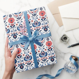 Papel De Regalo Ornamento popular azul y rojo escandinavo