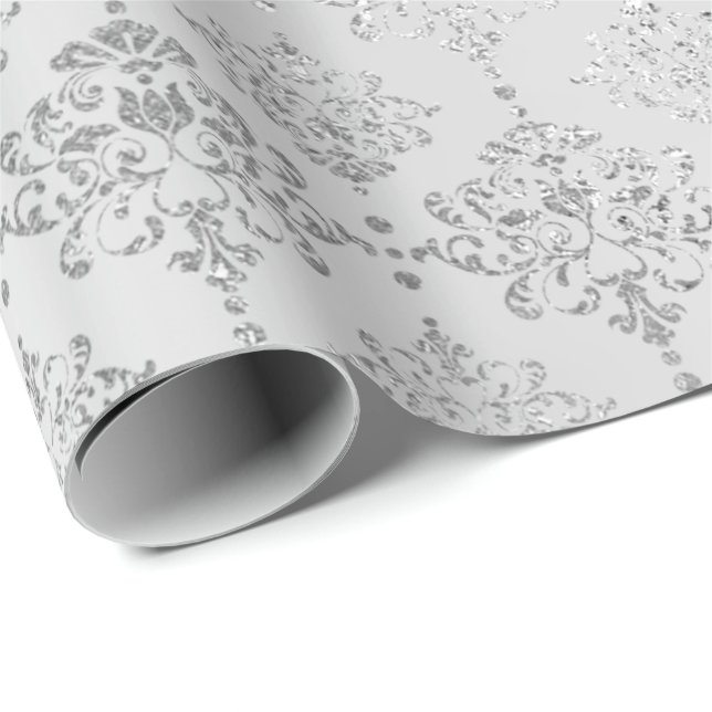 Papel De Regalo Ornamento real monocromático plateado Damask forma (Esquina del rollo)