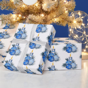 Papel De Regalo Ornamentos azules de Navidad y velas
