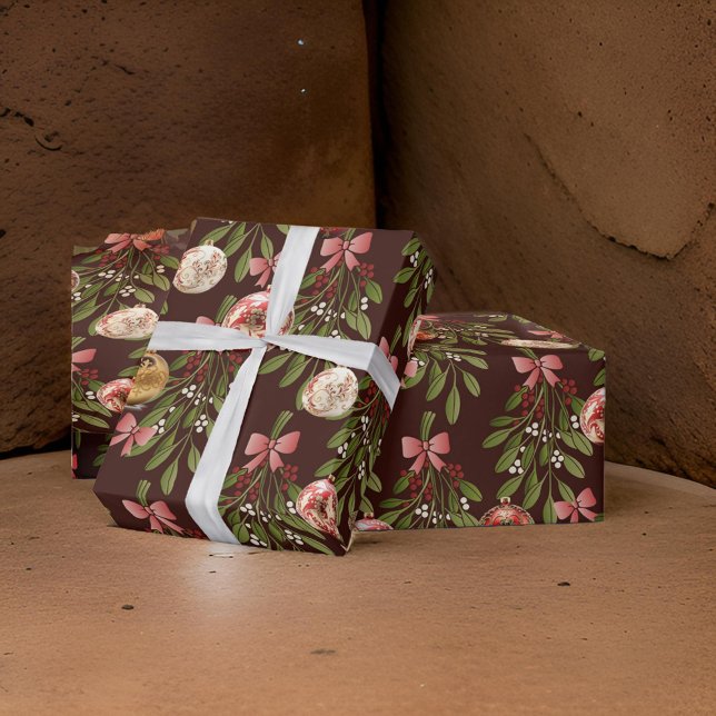 Papel De Regalo Ornamentos Brown Red Bow Mistletoe Holly (Subido por el creador)