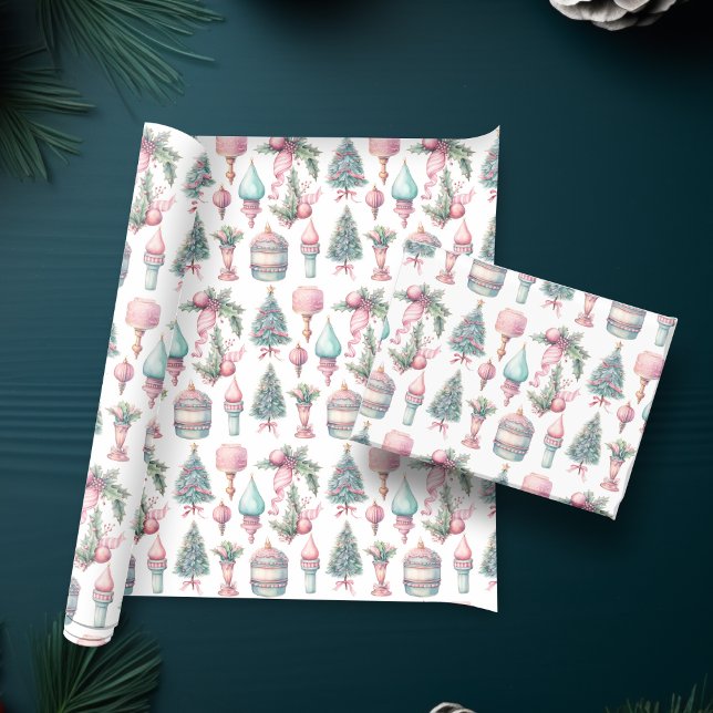 Papel De Regalo Ornamentos de árbol de navidad de menta rosa (Pink Mint Christmas Tree Ornaments Wrapping Paper)