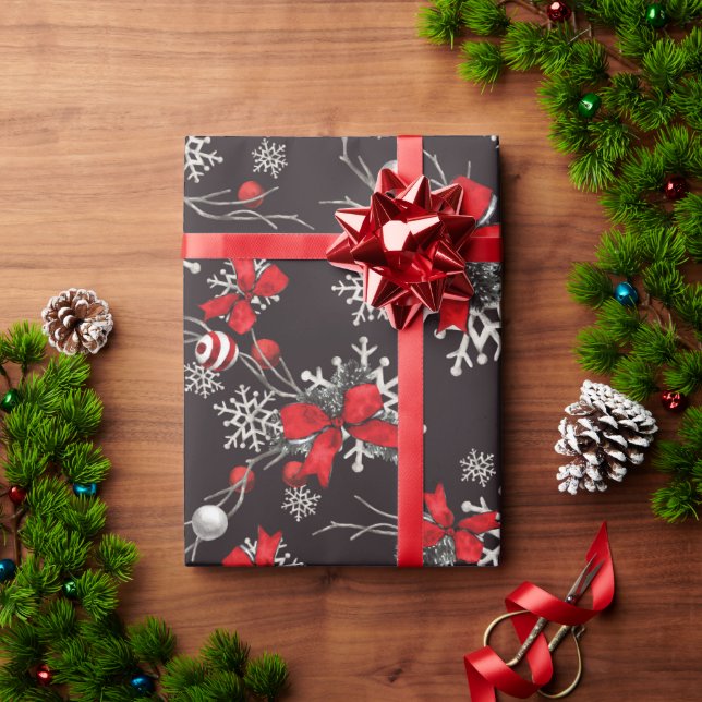 Papel De Regalo Ornamentos de arcos rojos y blancos con copos de n (Regalo de vacaciones)