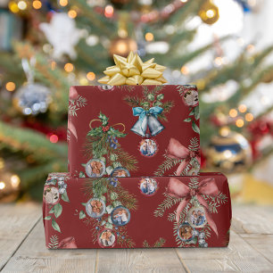 Papel De Regalo Ornamentos de fotos familiares de navidades rojos