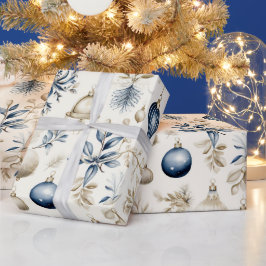 Papel De Regalo Ornamentos de Navidad azules y beiges