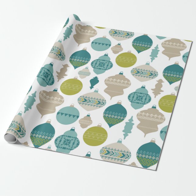 Papel De Regalo Ornamentos de Navidad azules y verdes (Desenrollado)