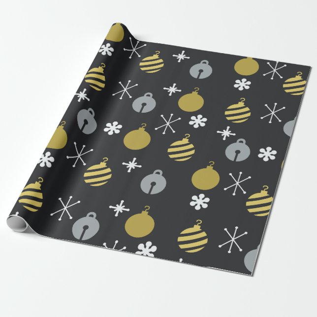 Papel De Regalo Ornamentos de Navidad Retro Oro Negro (Desenrollado)