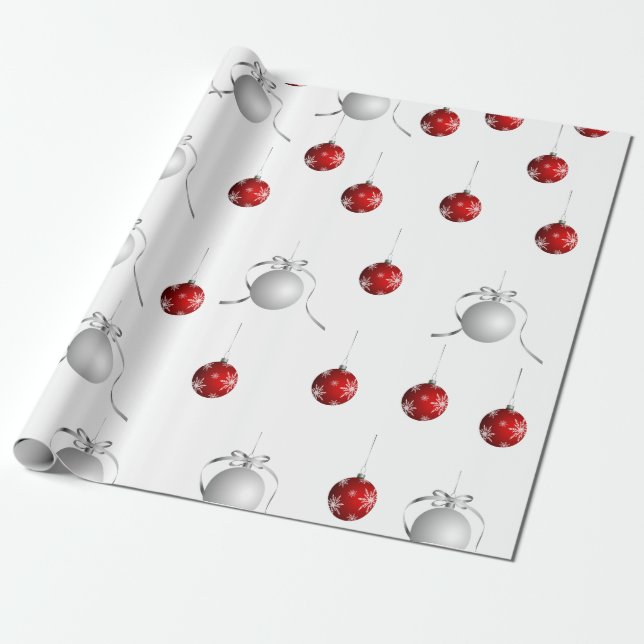 Papel De Regalo Ornamentos de Navidad rojo y plateado (Desenrollado)