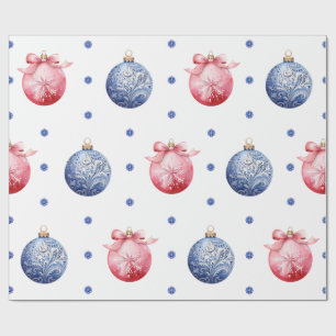 Papel De Regalo Ornamentos de Navidad rosa y azul en blanco