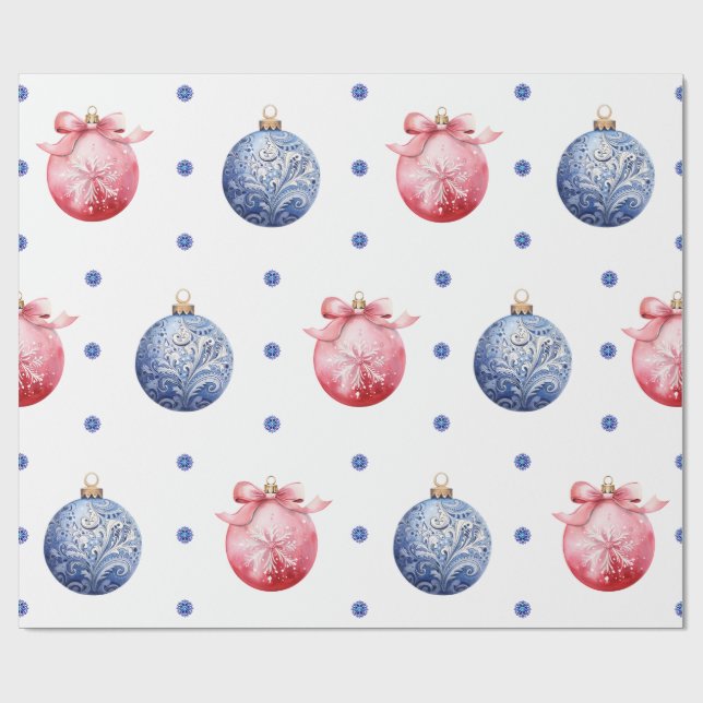 Papel De Regalo Ornamentos de Navidad rosa y azul en blanco (Superficie plana)