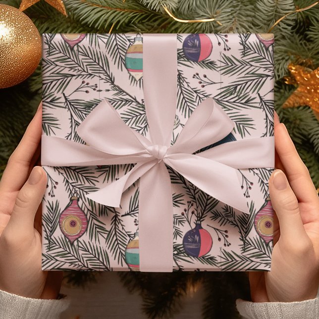 Papel De Regalo Ornamentos de navidad rosada Rubor, pino, bayas (Subido por el creador)