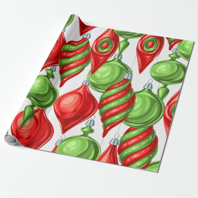 Papel De Regalo Ornamentos de Navidad vibrantes, rojos y verdes (Desenrollado)