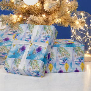 Papel De Regalo Ornamentos de Navidad Vintage Blue Purple Gold