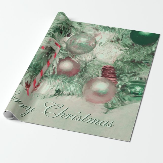 Papel De Regalo Ornamentos Feliz Navidad Árbol de vacaciones verde (Desenrollado)