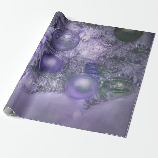 Papel De Regalo Ornamentos Navidades Árbol festivo morado (Desenrollado)