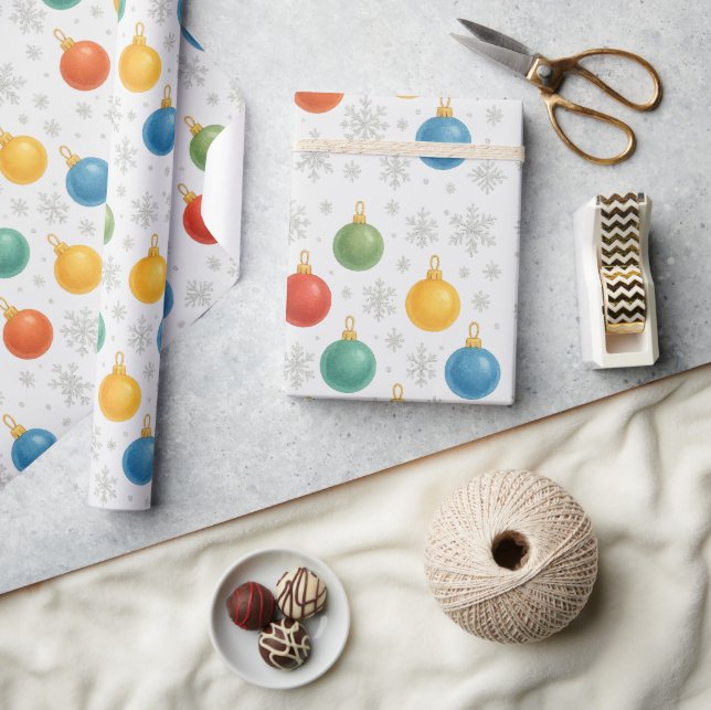 Papel De Regalo Ornamentos navideños acuarelas y copos de nieve - (Artesanía)